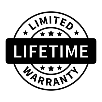 Circular warranty badge with a bold black ribbon reading'LIFETIME' across the center and 'LIMITED'/'WARRANTY' around the edge with stars.