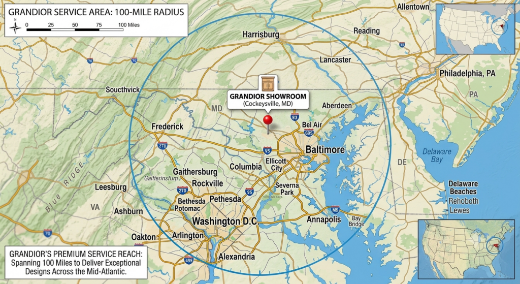 Map of the mid atlantic showing a  mile blue radius centered near cockeysville md with a grandior showroom marker amid baltimore dc annapolis frederick rockville and surrounding towns includes legends inset u S Map and a bottom left caption about  mile premium service reach