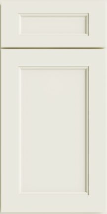 Cream colored raised panel cabinet door with beveled inset panels and outer frame shown in full height view