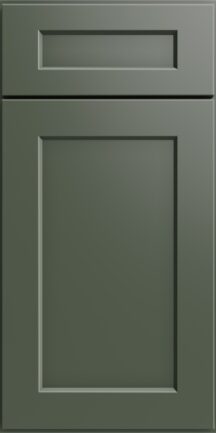 Olive green cabinet door with an inset rectangular panel and raised frame edge viewed front on