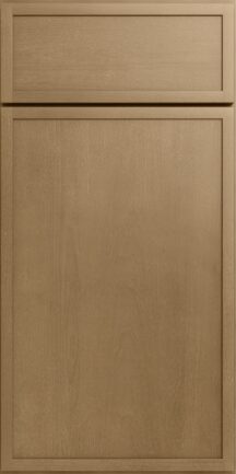 Wooden cabinet door with a small upper drawer and a larger lower panel light brown wood grain finish