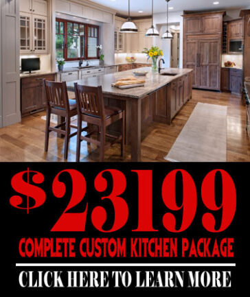 Spacious kitchen with an island and wooden cabinets bold red banner shows $ for a complete custom kitchen package
