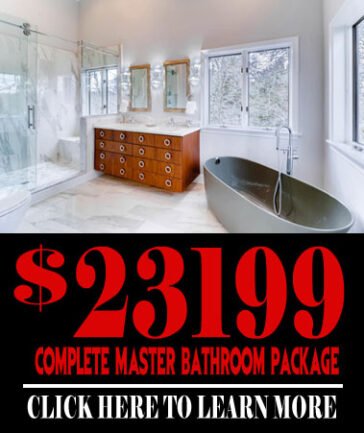 Modern master bathroom with double vanity glass shower and freestanding tub ad overlay reads $ for a complete bathroom package click to learn more