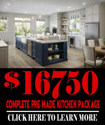 Modern white and navy kitchen with a large island bright pendant lights and a casual dining nook overlaid with a bold red price of $ and banners reading complete pre made kitchen package and click here to learn more  an advertisement for a kitchen package
