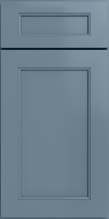 Blue kitchen cabinet door with two stacked recessed panels and raised molding viewed from the front
