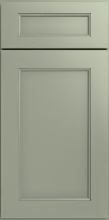 Olive green cabinet door with two stacked panels and raised molding viewed front on